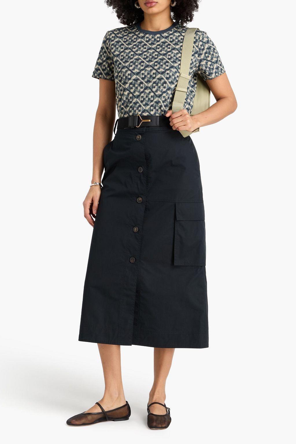 TORY BURCH Belted cotton-poplin midi skirt