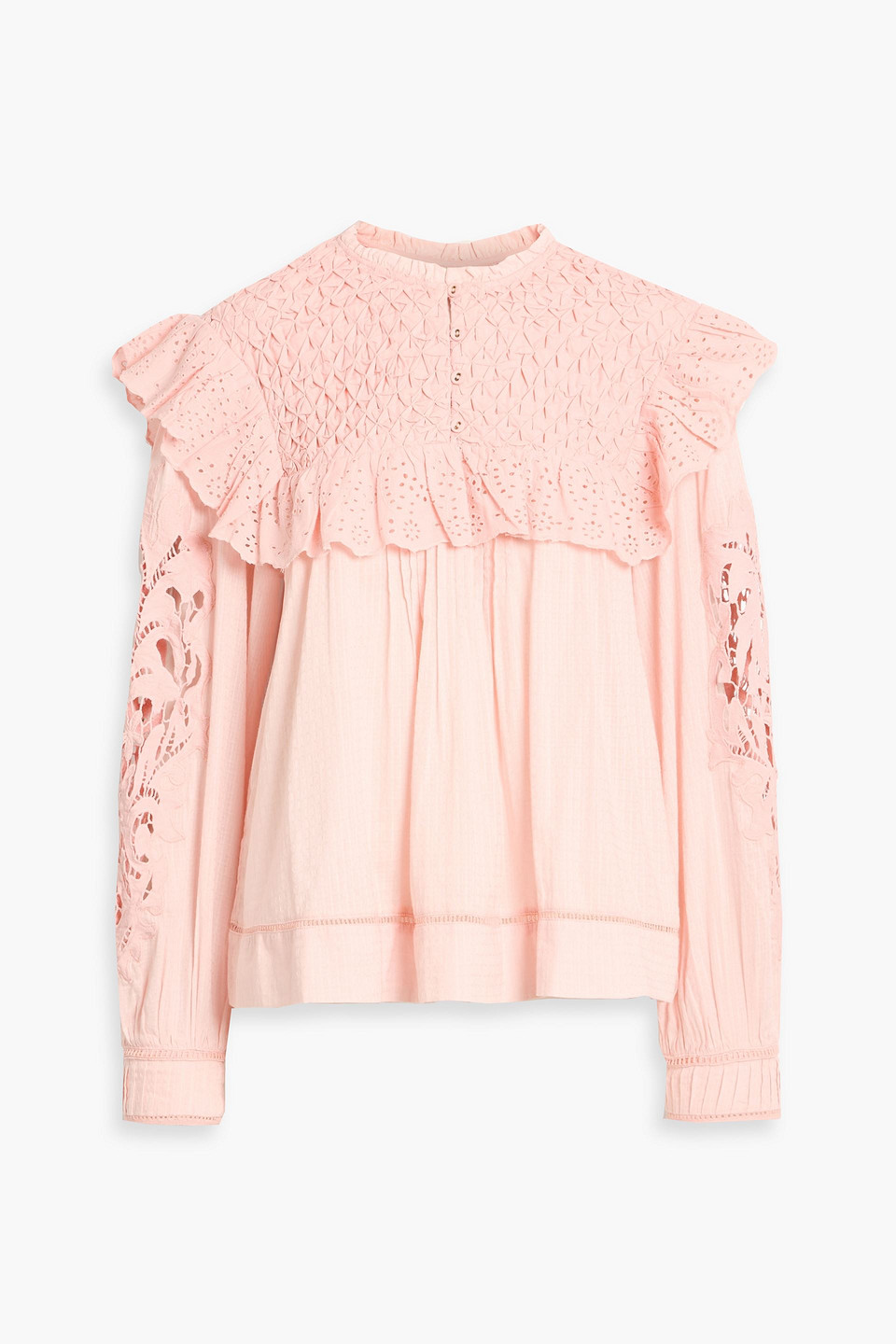 farm rio - honeycomb ruffled guipure lace and cotton-jacquard blouse - pink - xxs