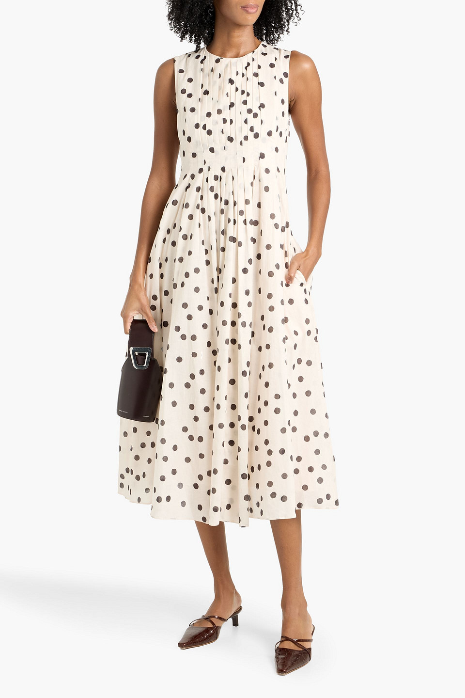 Max Mara Carol Pintucked Polka-dot Cotton-gauze Midi Dress In Sand
