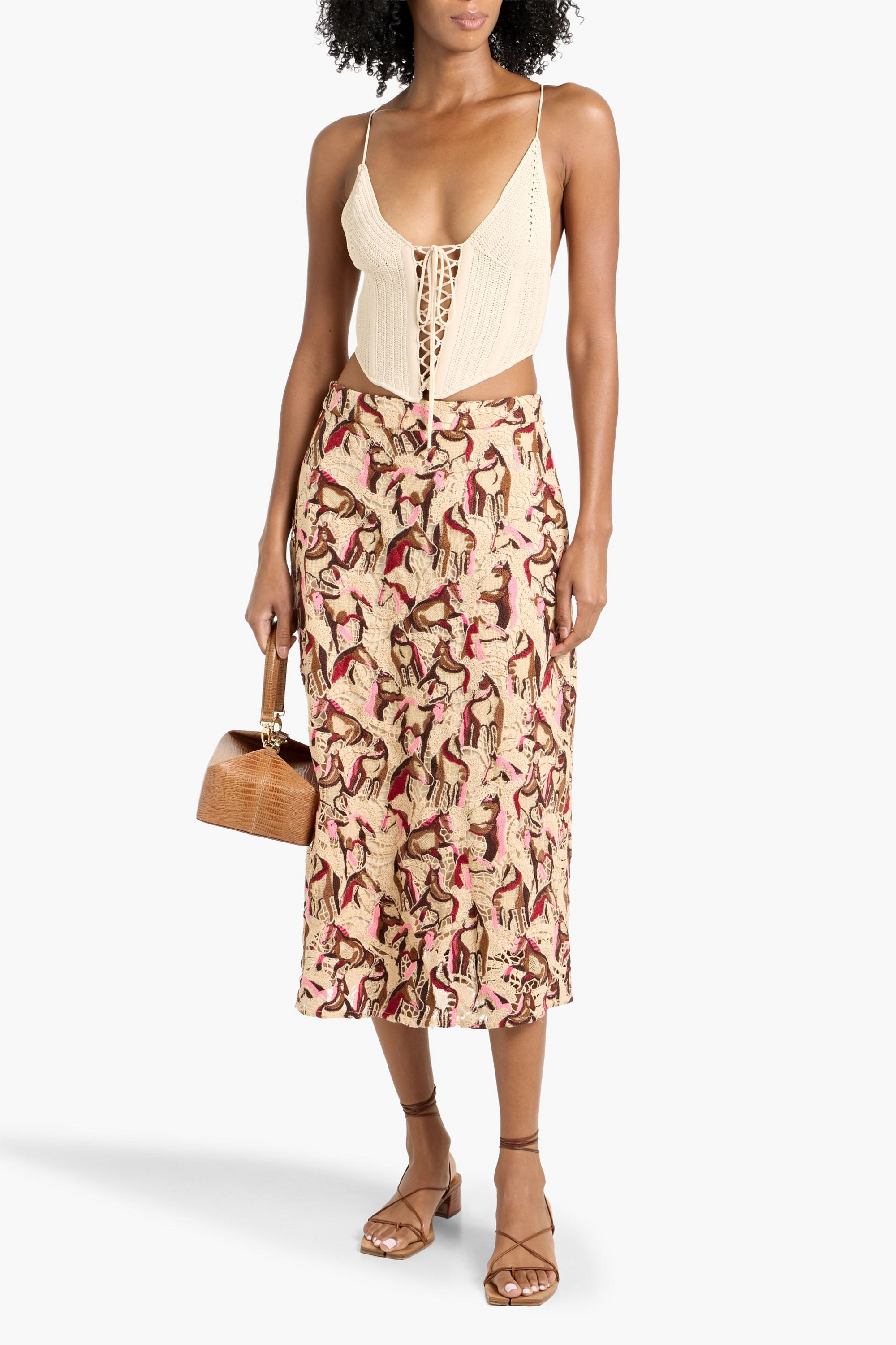 FARM Rio Embroidered guipure lace midi skirt