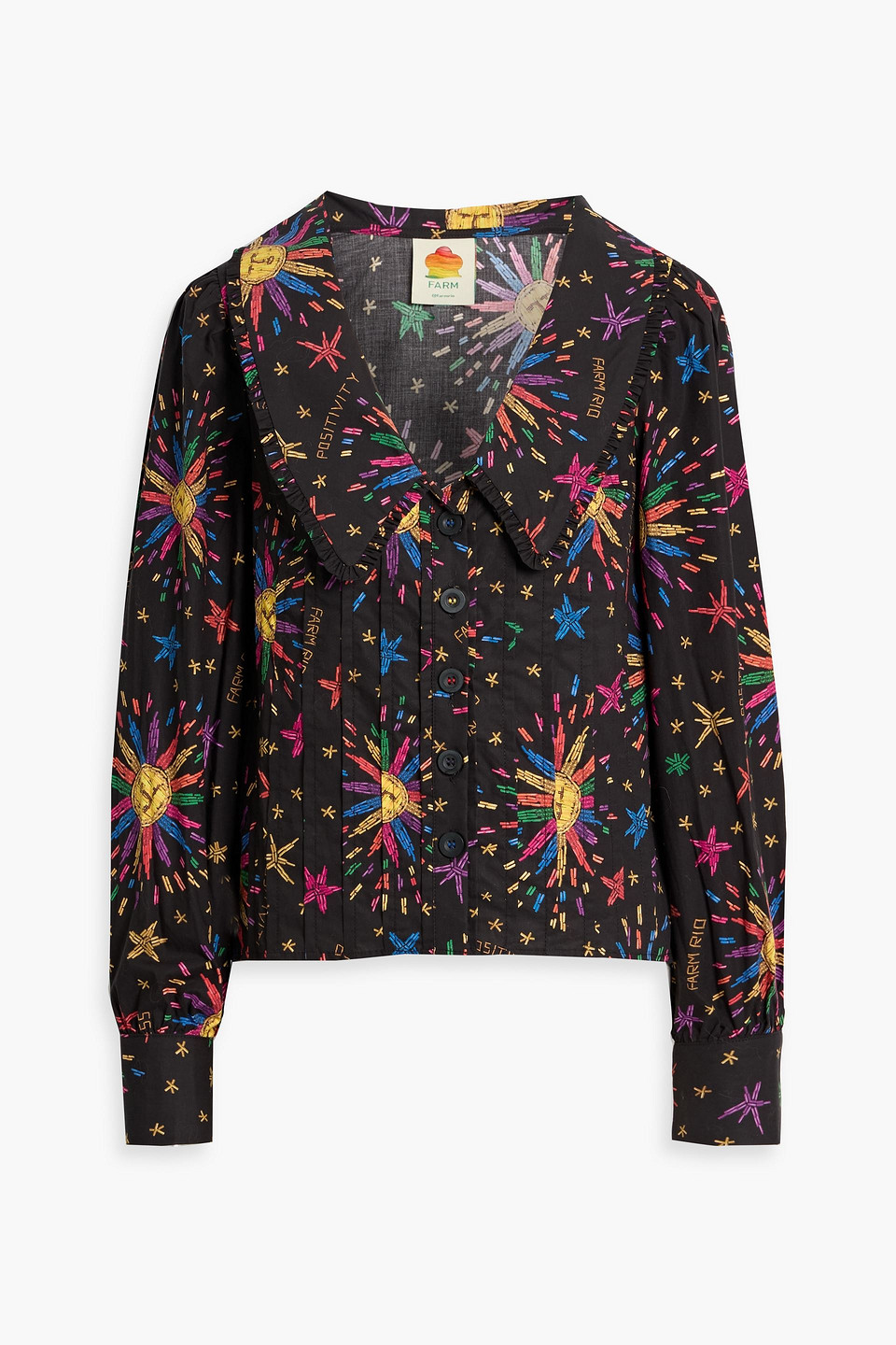 farm rio - pintucked printed cotton top - black - xs