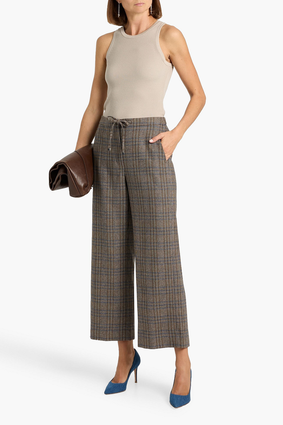 Max Mara Letizia Cropped Prince Of Wales Checked Wool And Cashmere-blend Wide-leg Pants In Brown