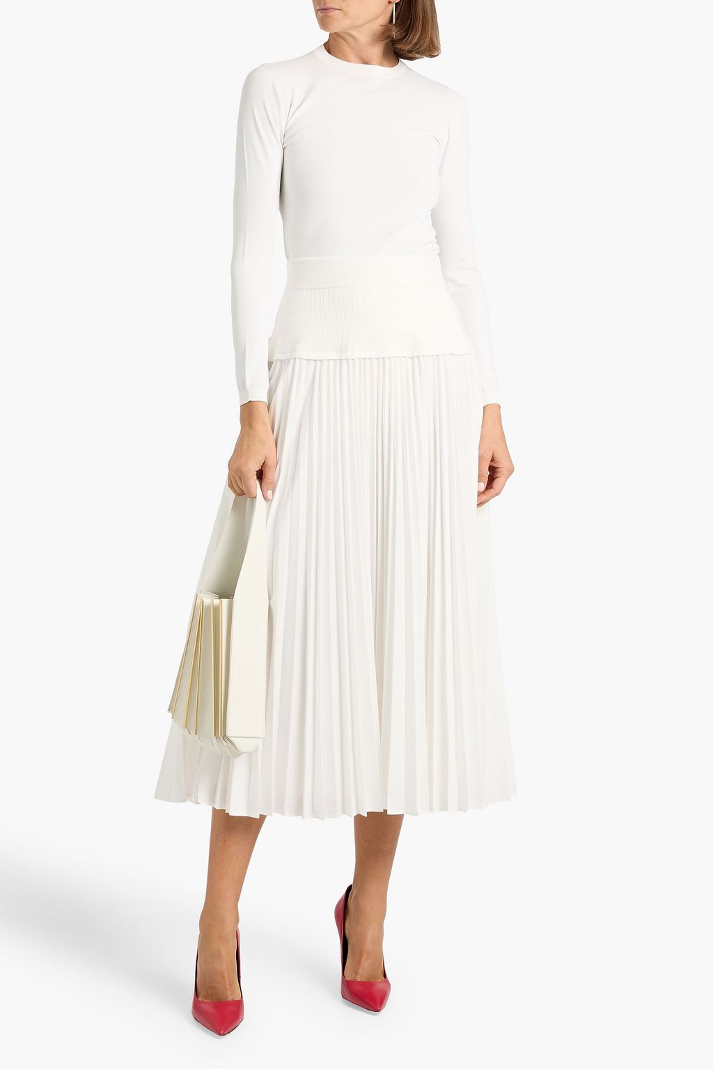SIMKHAI Stella pleated poplin and ribbed-knit midi skirt