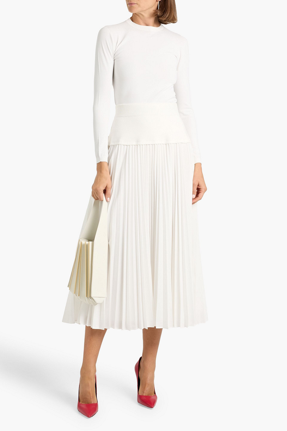 Simkhai Stella Pleated Poplin And Ribbed-knit Midi Skirt In White