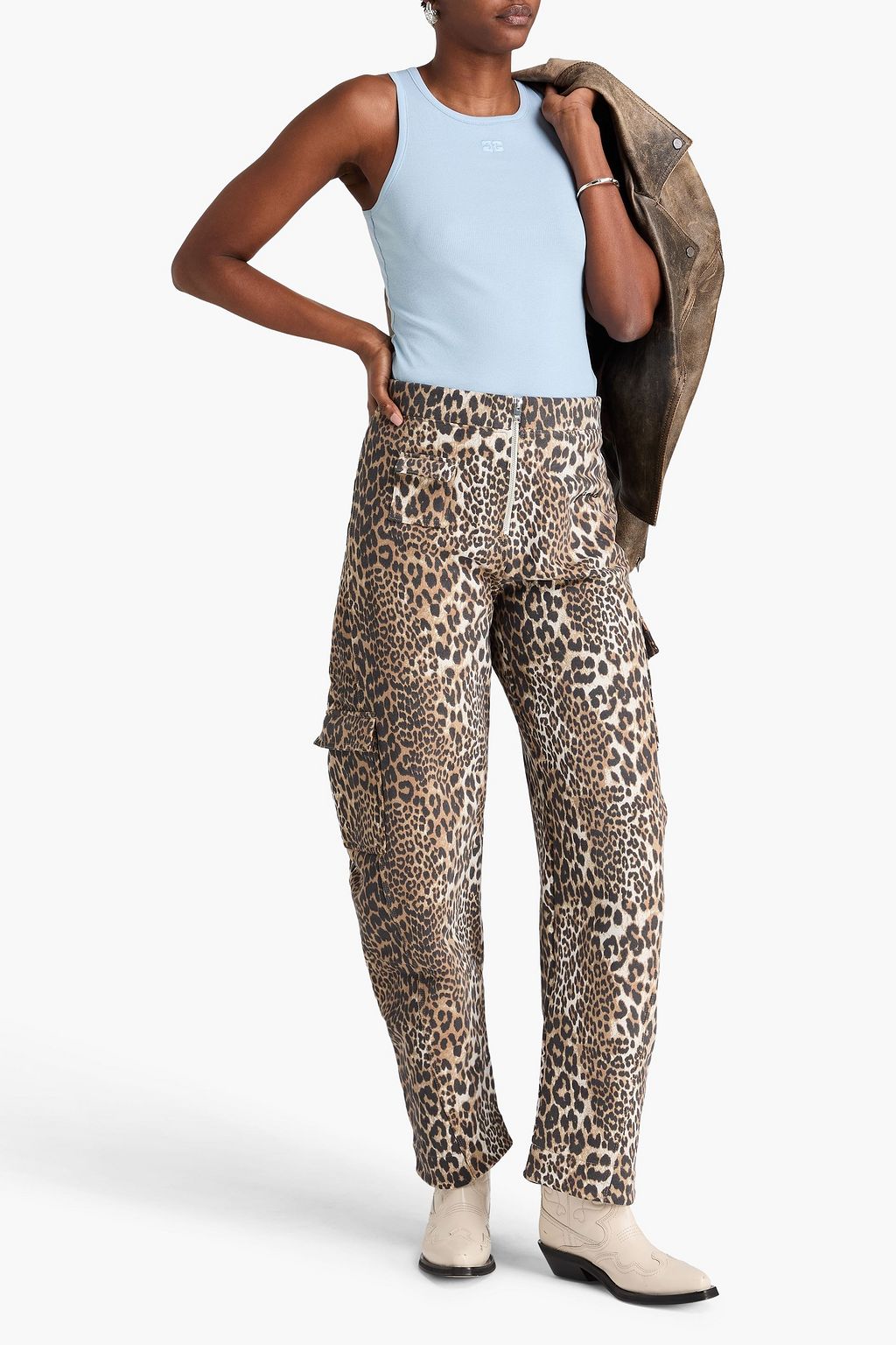 GANNI Leopard-print cotton-fleece cargo pants