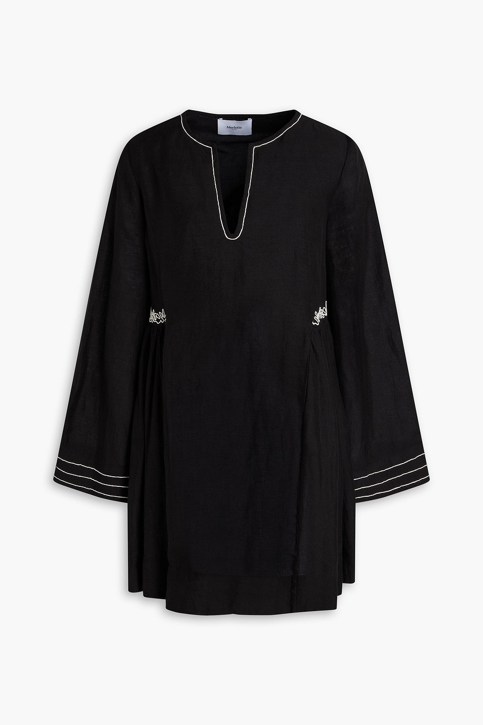 Merlette Riverside Embroidered Linen Mini Dress In Black