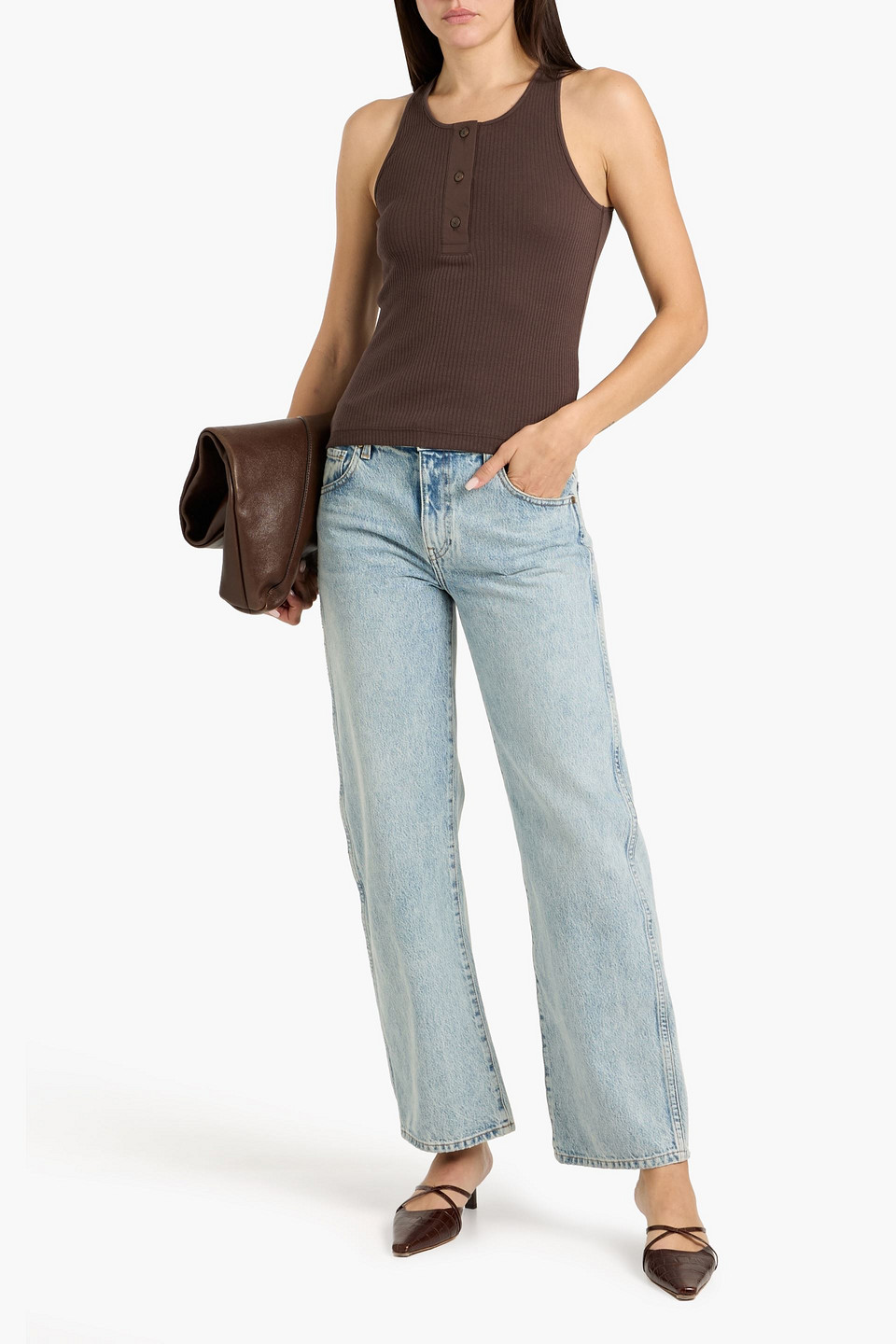 Vince Ribbed Pima Cotton Tank In Brown