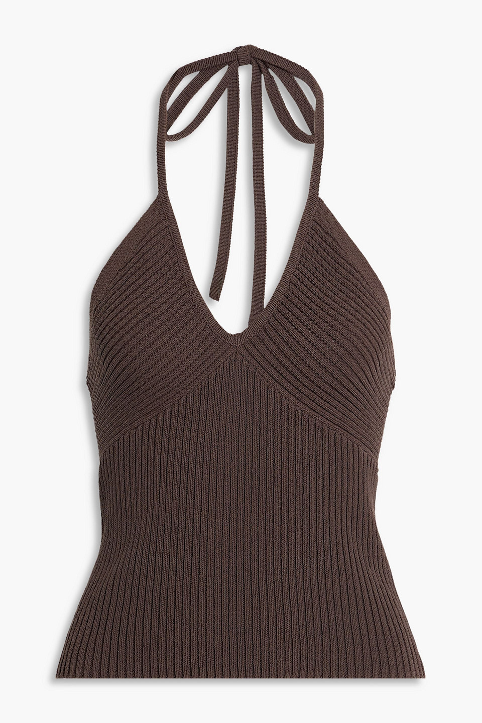 vince. - ribbed cotton-blend halterneck top - brown - m
