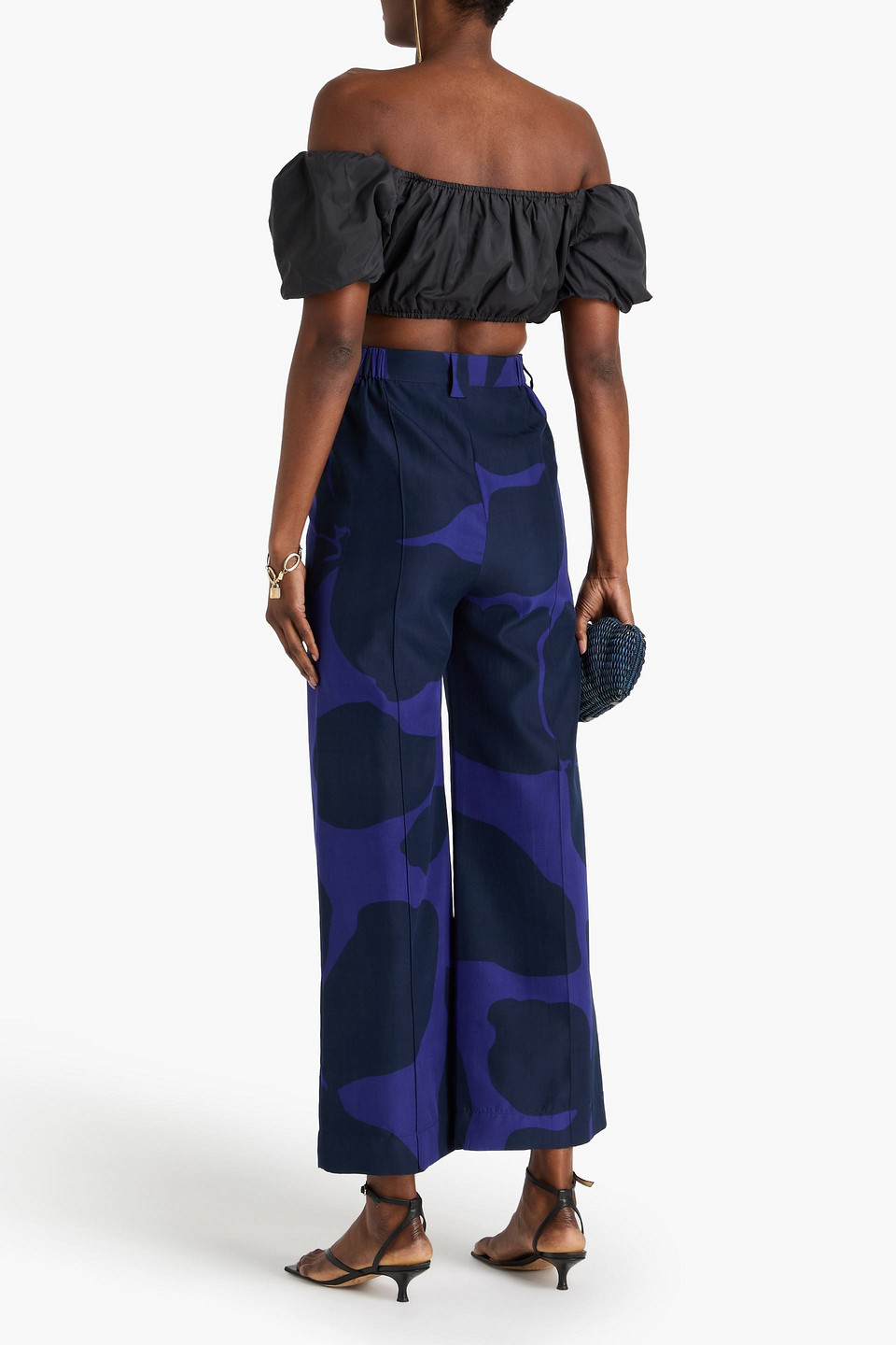  Lovebirds - Printed Sateen Wide-leg Pants - Blue - S 