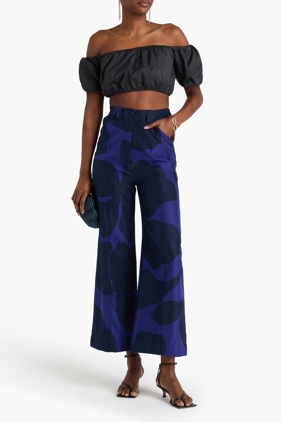  Lovebirds - Printed Sateen Wide-leg Pants - Blue - S 