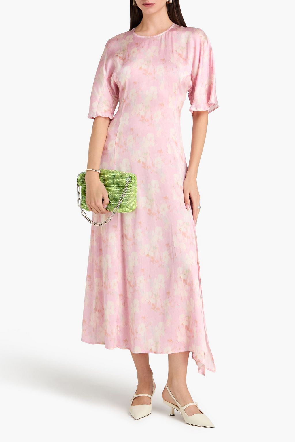 ganni pink floral dress Open-back floral-print satin maxi dress - multi