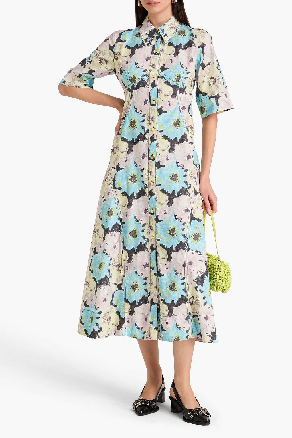 ganni printed cotton poplin shirt dress GANNI Floral-print cotton-poplin midi shirt dress