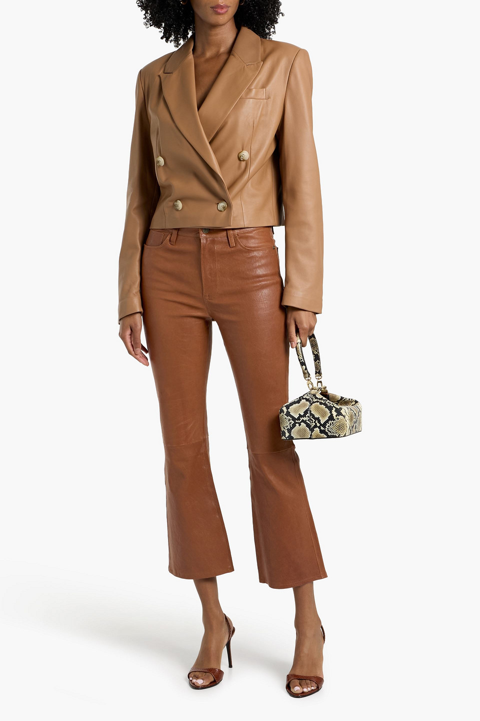 Frame Le Crop Mini Boot Leather Bootcut Pants In Brown