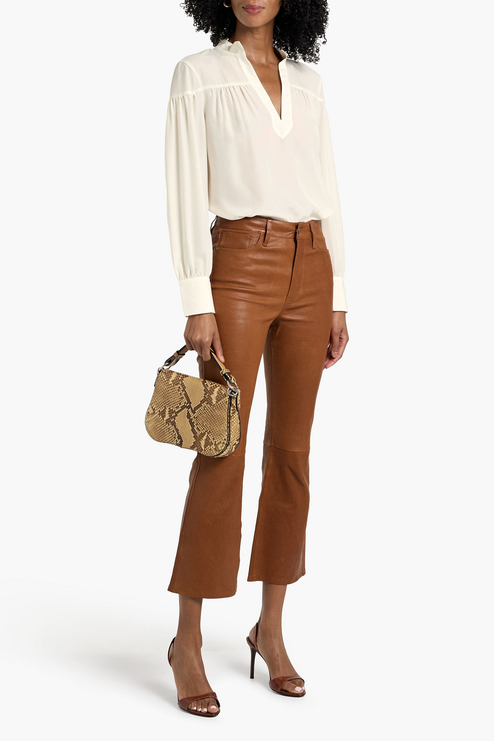 Frame Gathered Satin-crepe Blouse In Brown