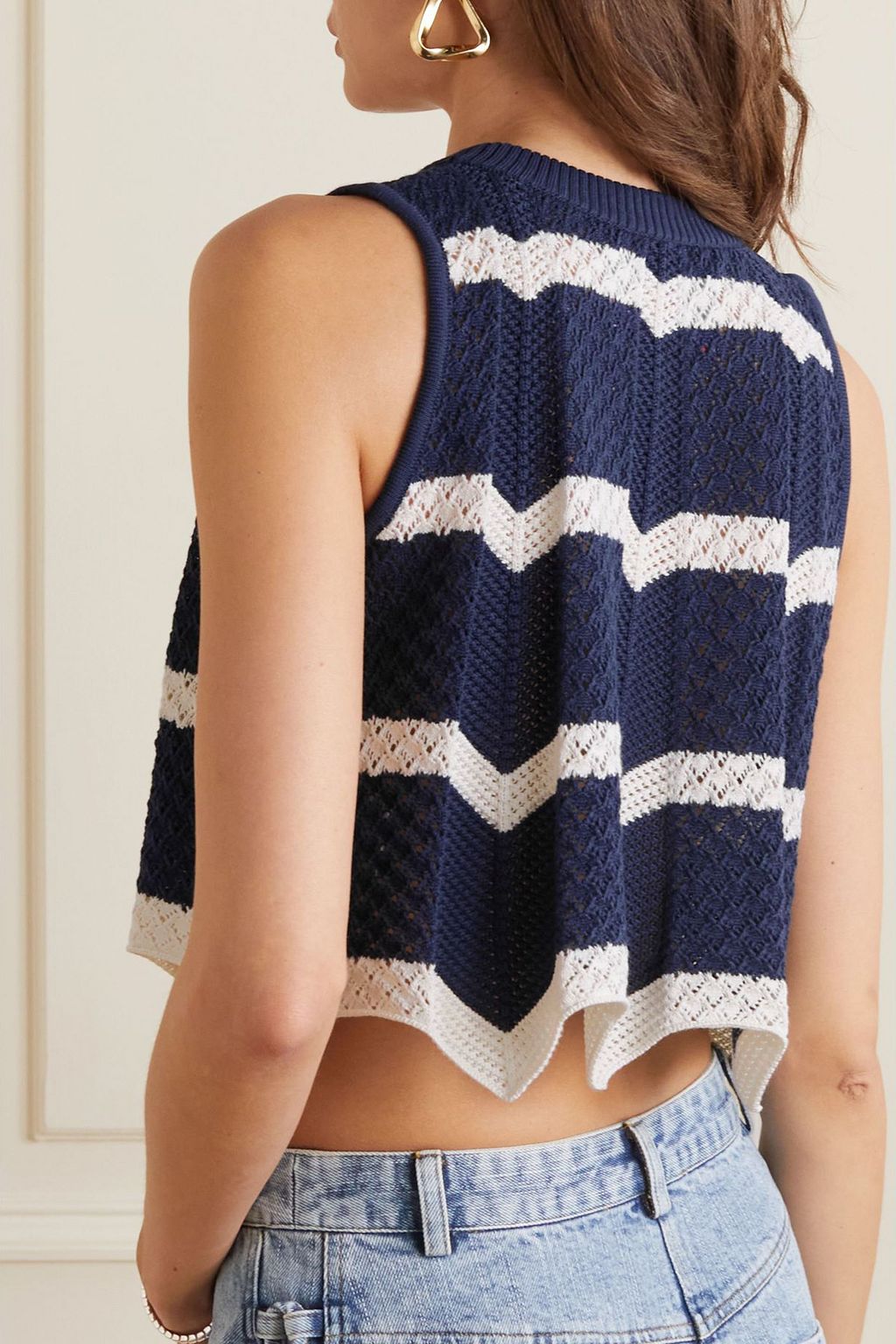 LA DOUBLEJ Cropped striped crocheted cotton top