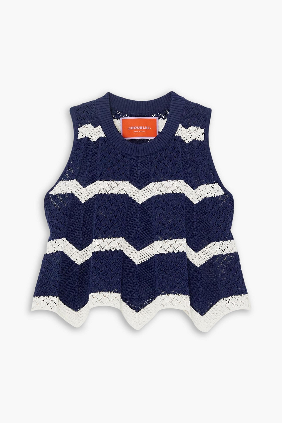 La Doublej Cropped Striped Crocheted Cotton Top In Blue