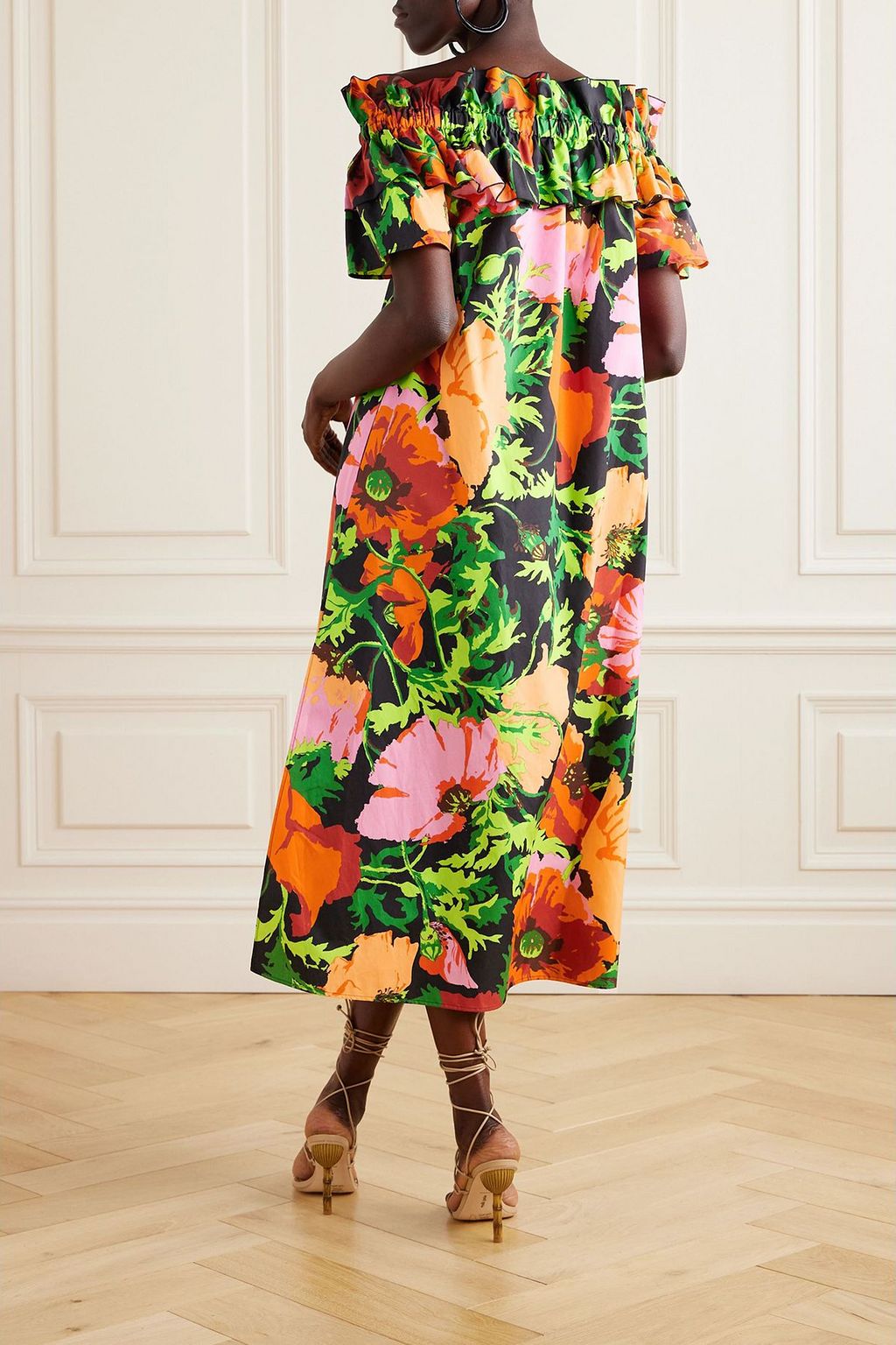 LA DOUBLEJ Breakfast off-the-shoulder floral-print cotton-poplin midi dress
