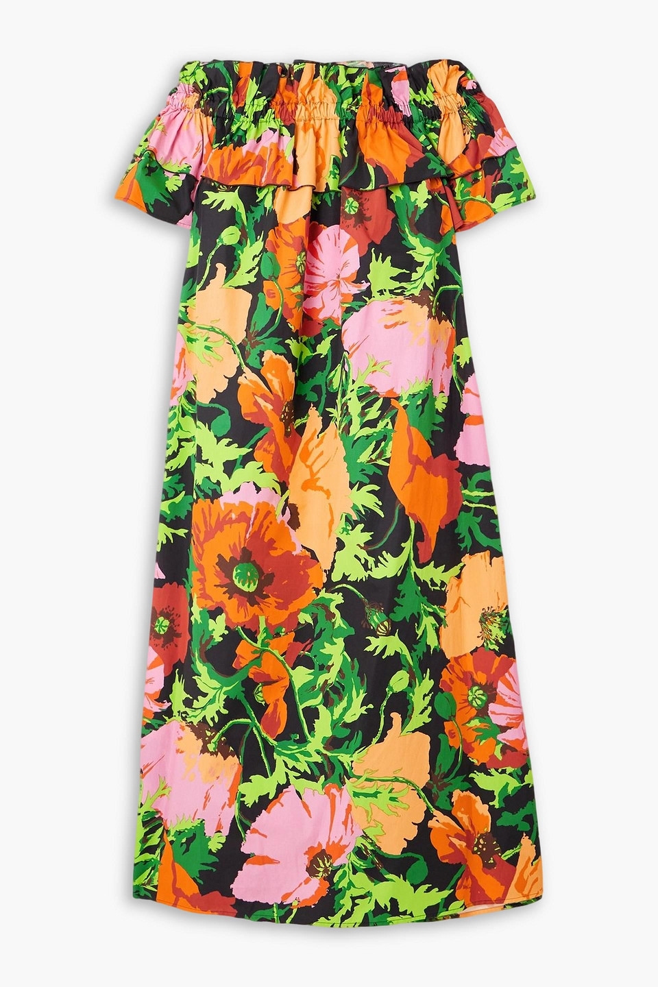 La Doublej Breakfast Off-the-shoulder Floral-print Cotton-poplin Midi Dress In Green