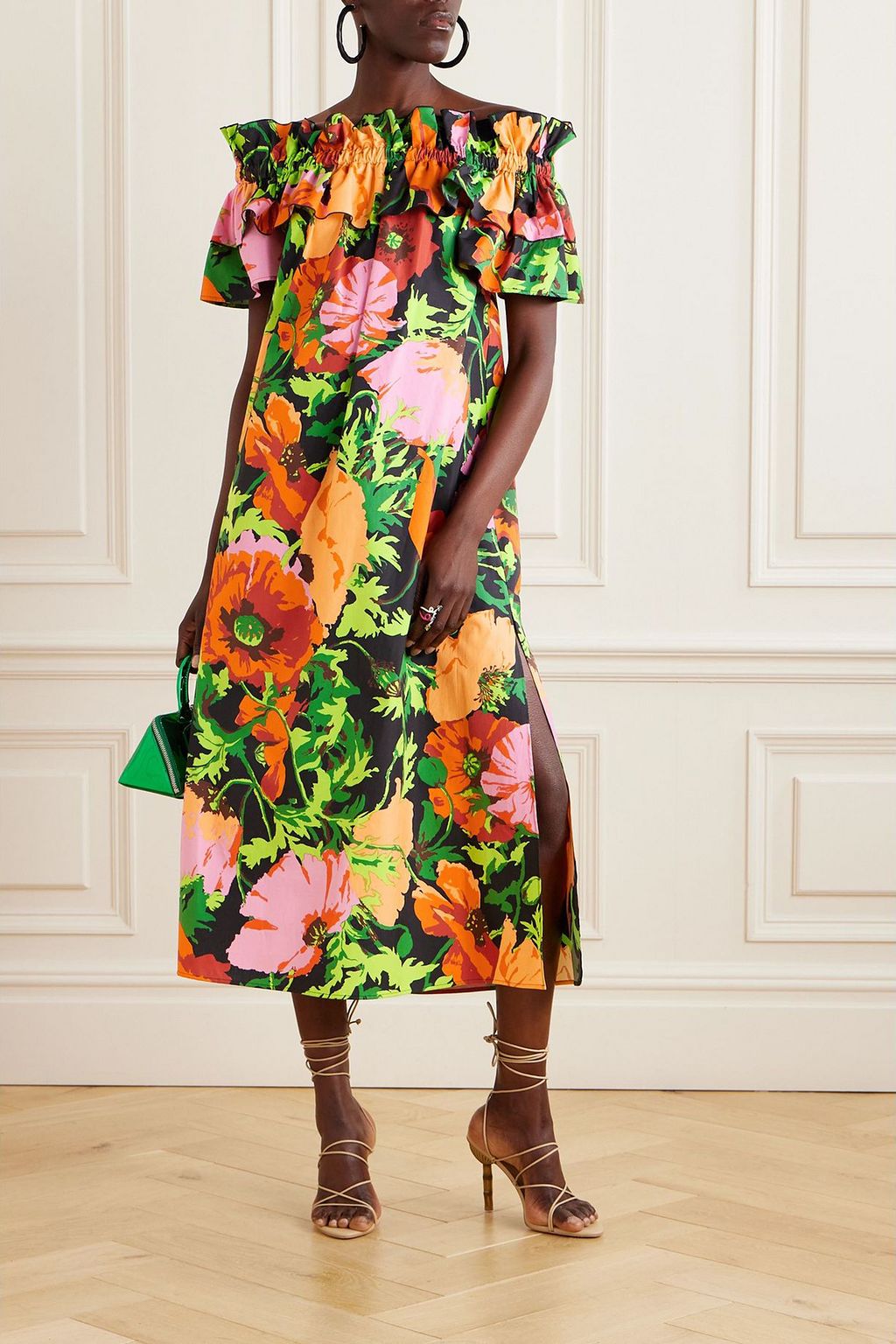LA DOUBLEJ Breakfast off-the-shoulder floral-print cotton-poplin midi dress