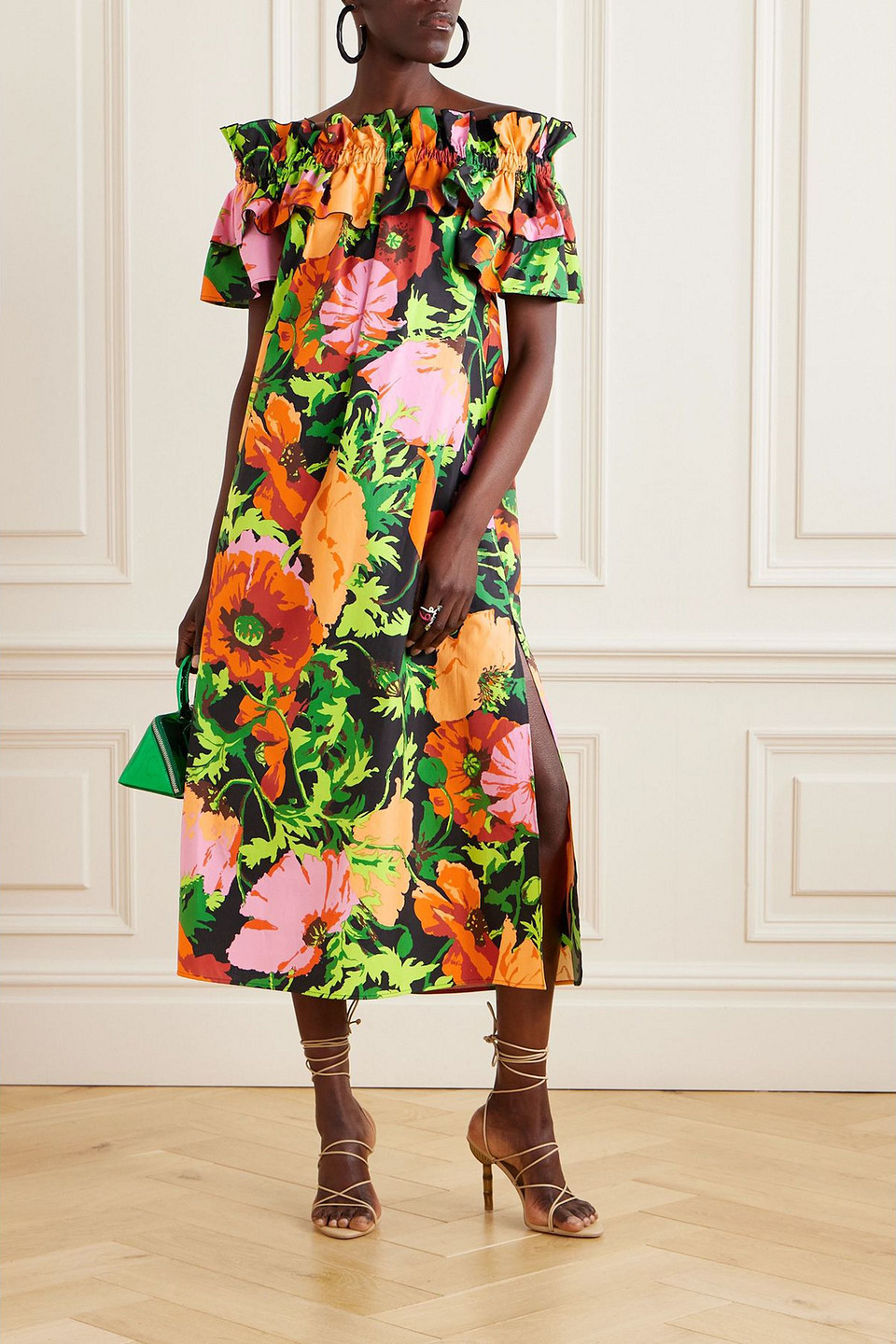La Doublej Breakfast Off-the-shoulder Floral-print Cotton-poplin Midi Dress In Green