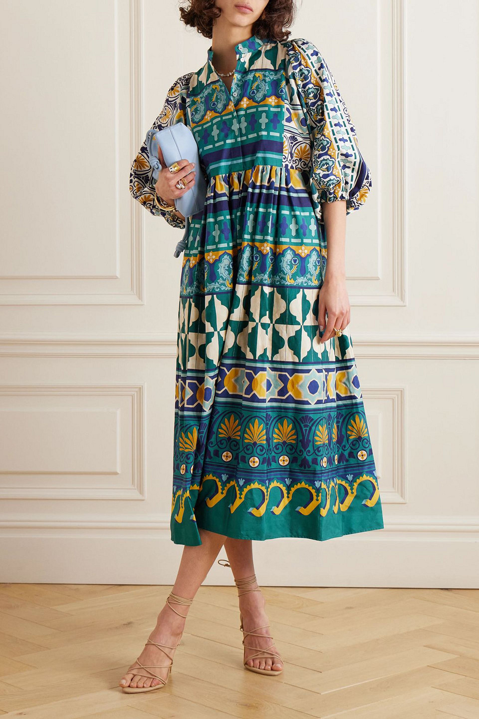 La Doublej Portofino Pleated Cotton-poplin Midi Dress In Blue