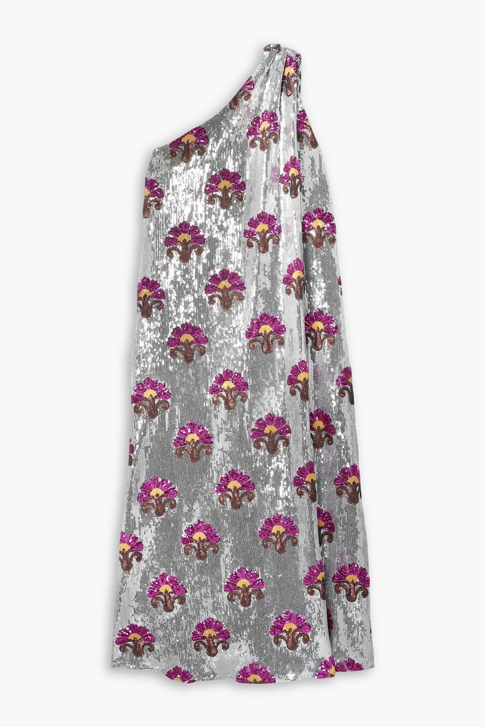 La Doublej Roy One-shoulder Sequined Tulle Midi Dress In Silver