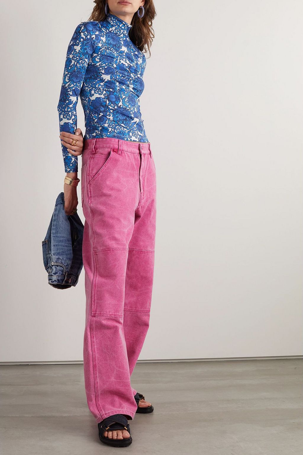 LA DOUBLEJ Printed stretch-satin turtleneck top