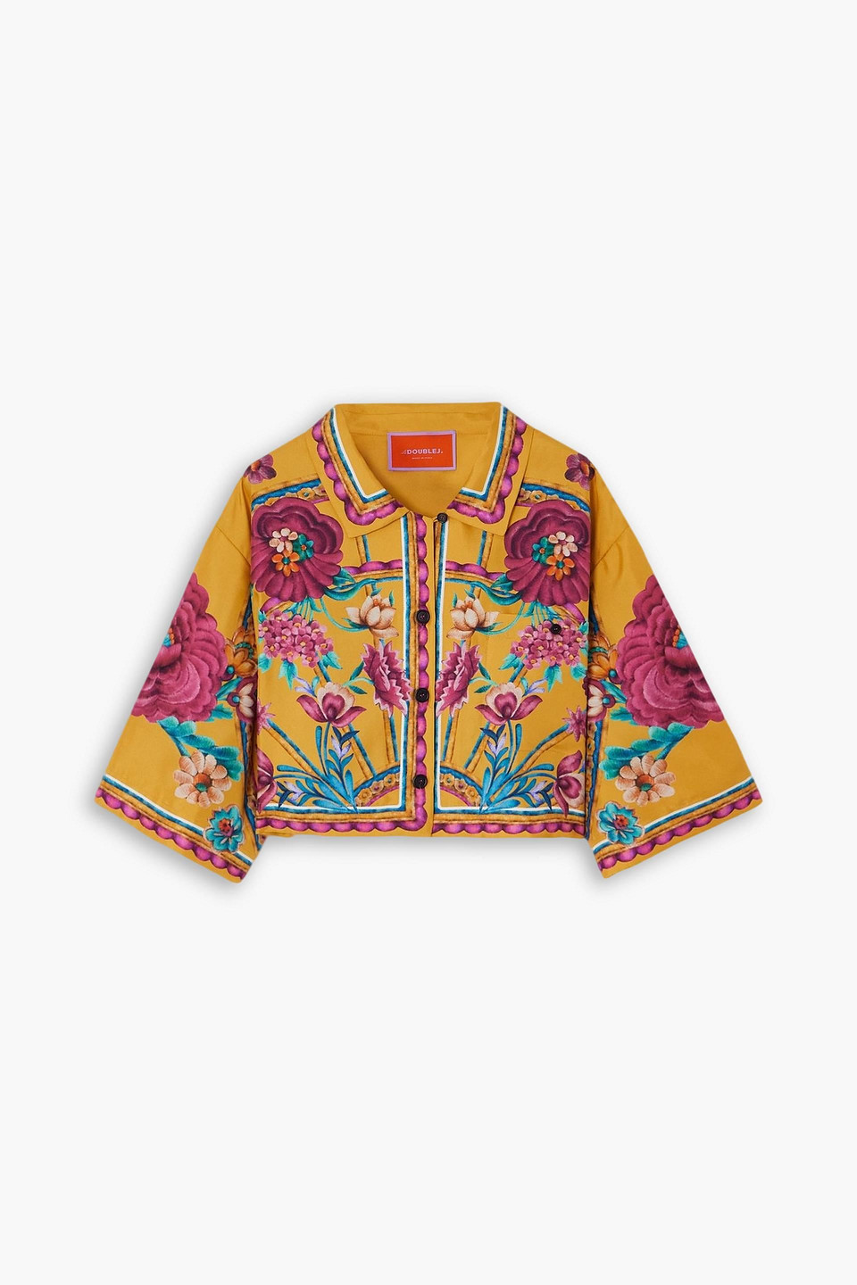 La Doublej Sunset Cropped Floral-print Silk-twill Shirt In Yellow