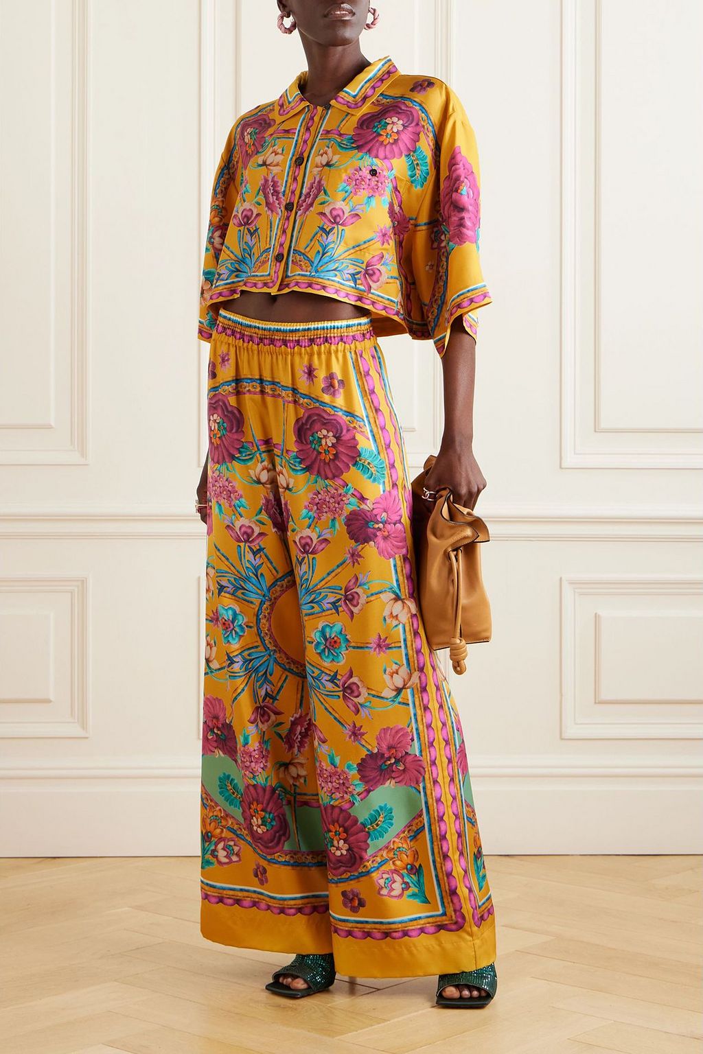 LA DOUBLEJ Sunset cropped floral-print silk-twill shirt