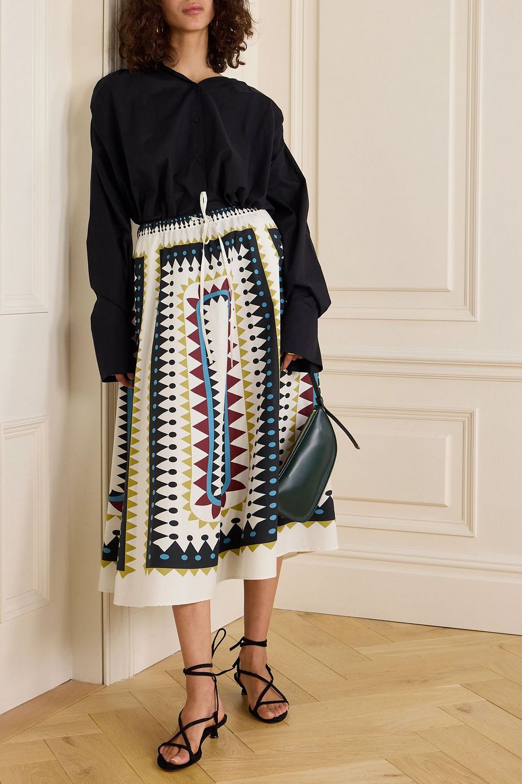 LA DOUBLEJ Pleated printed cotton-poplin midi skirt