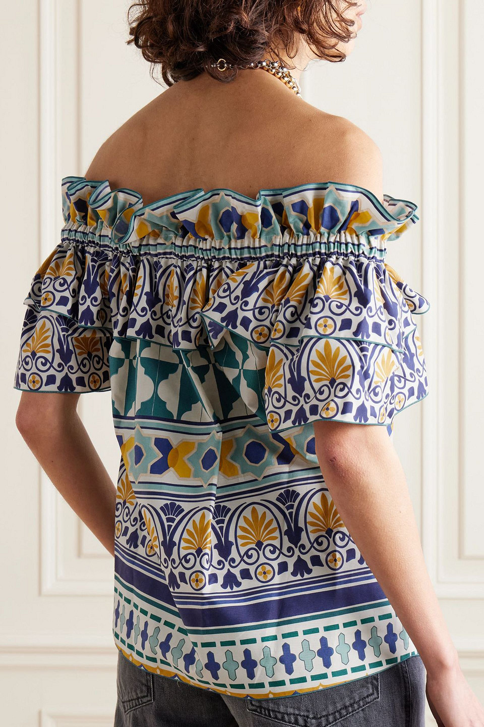 La Doublej Breakfast Off-the-shoulder Ruffled Printed Cotton-poplin Top In Sand