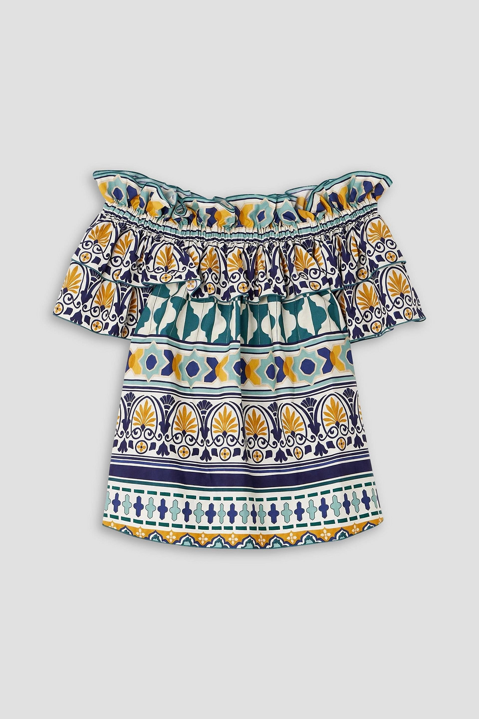 La Doublej Breakfast Off-the-shoulder Ruffled Printed Cotton-poplin Top In Sand