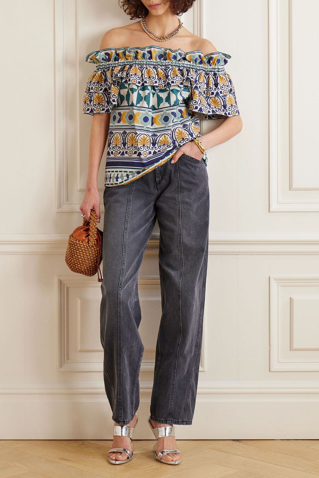 LA DOUBLEJ Breakfast off-the-shoulder ruffled printed cotton-poplin top