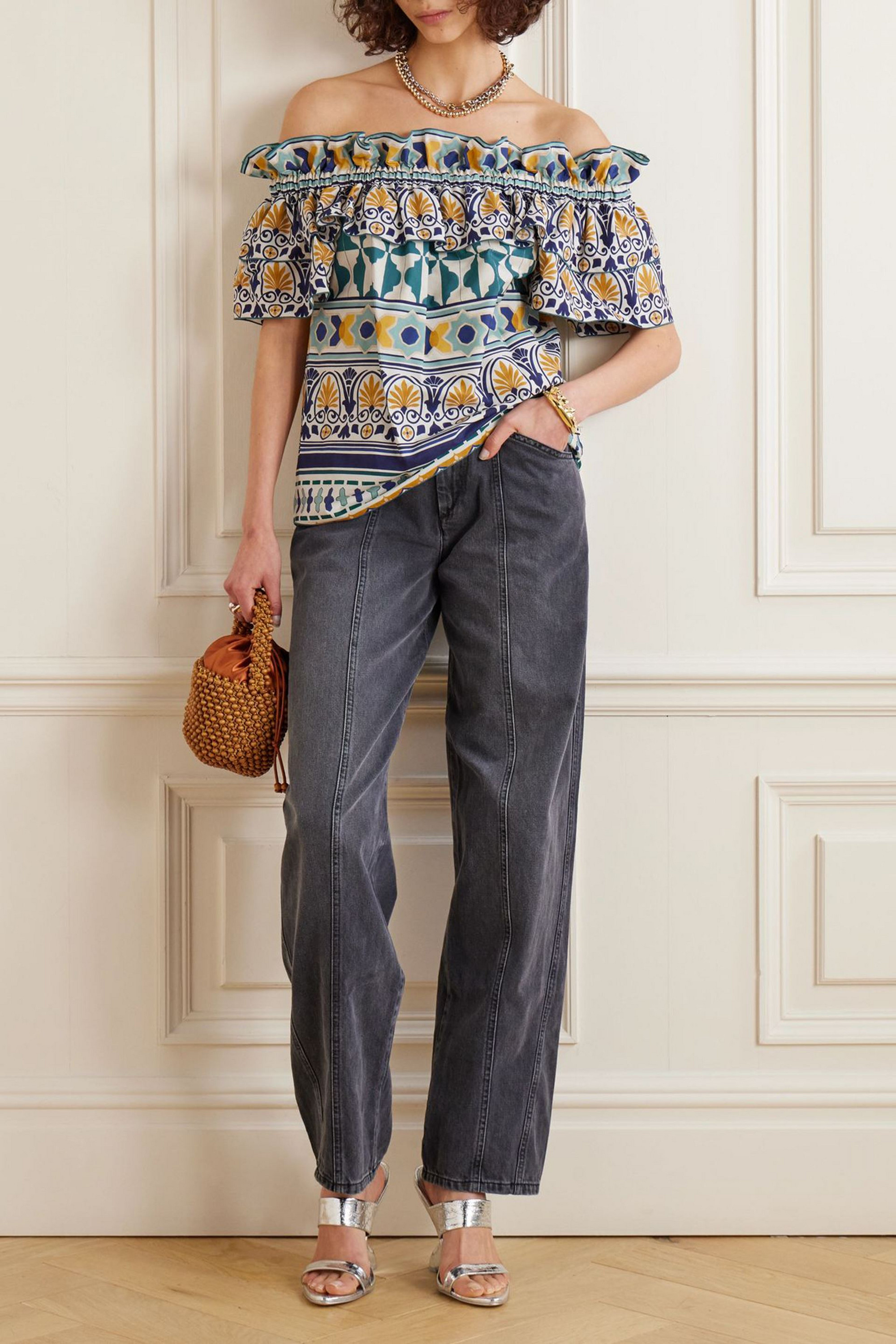La DoubleJ Breakfast off-the-shoulder ruffled printed cotton-poplin top