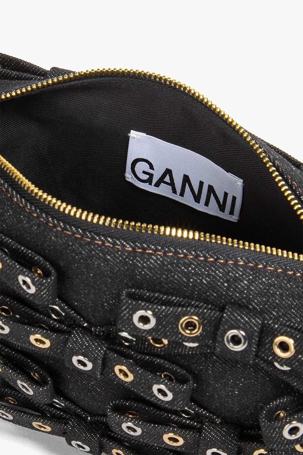 GANNI Schultertasche aus Denim mit Schleife und Ösenverzierung