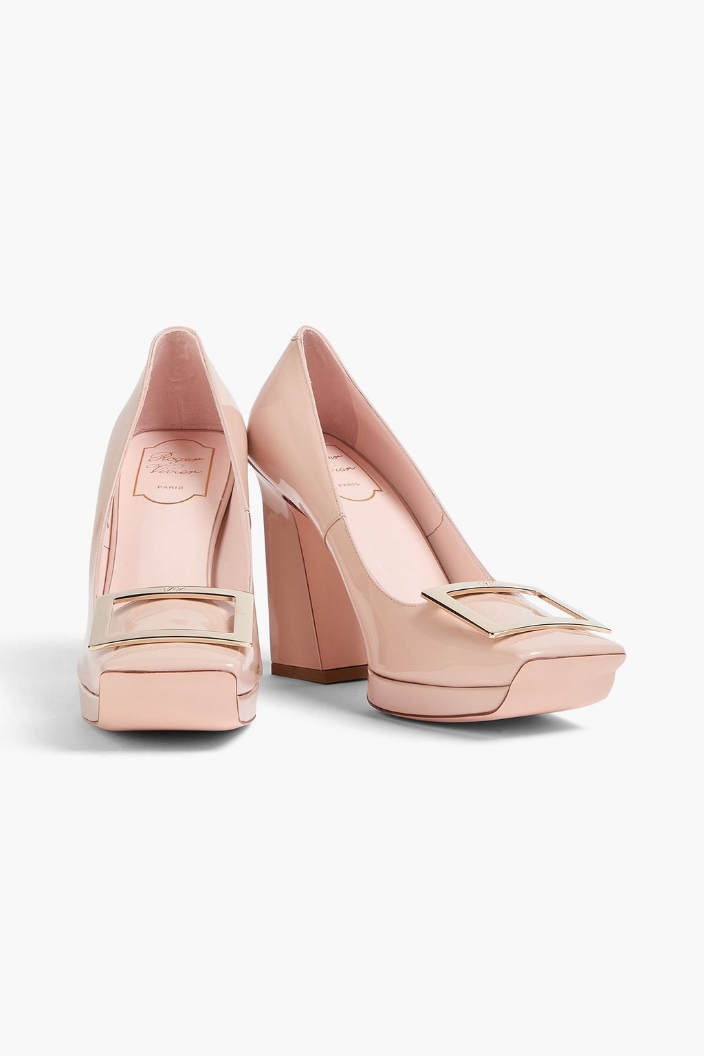 ROGER VIVIER حذاء بكعب عالٍ ونعل سميك من الجلد اللامع بتصميم مزركش