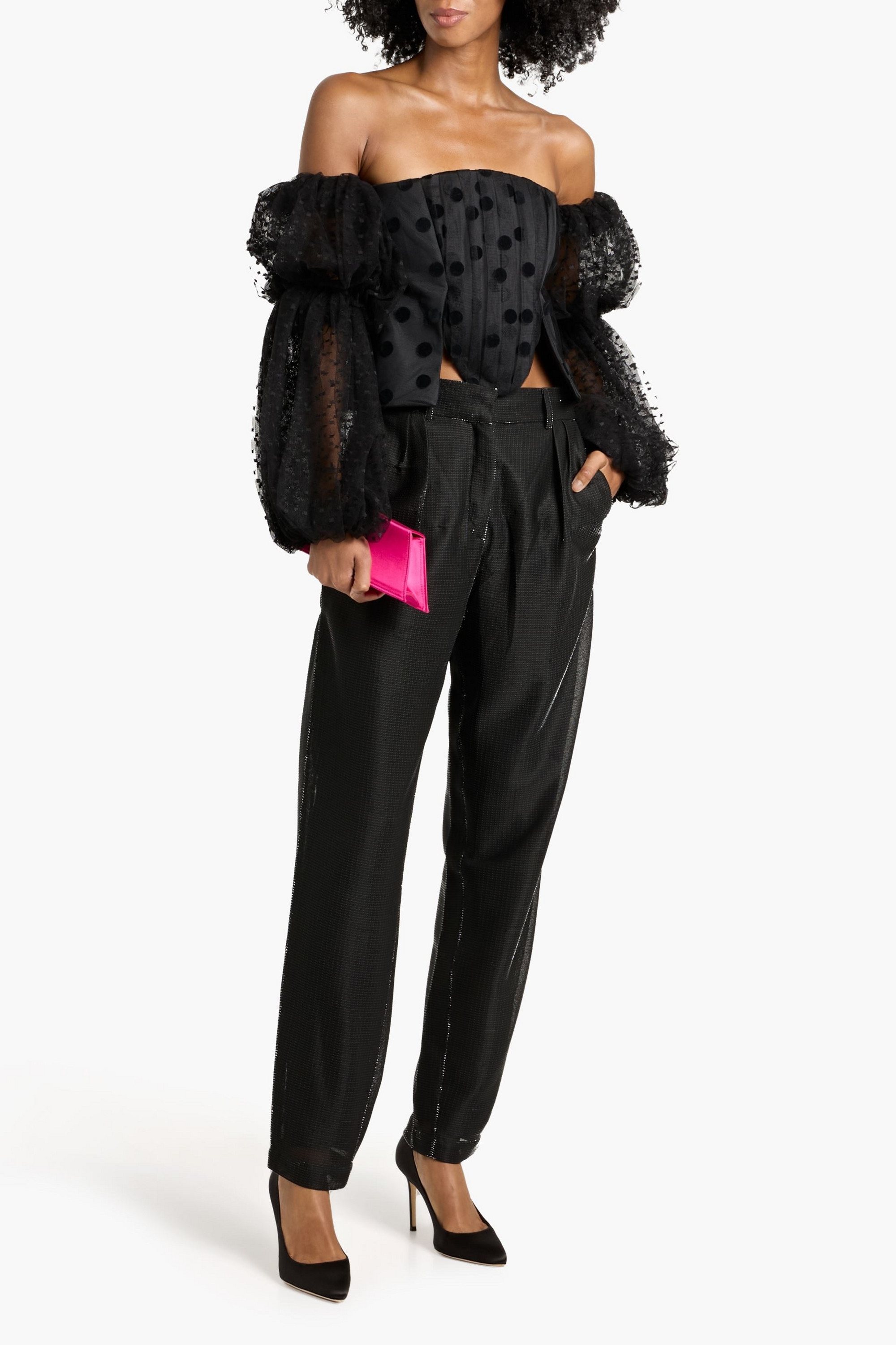 Stella McCartney Off-the-shoulder cropped flocked tulle top