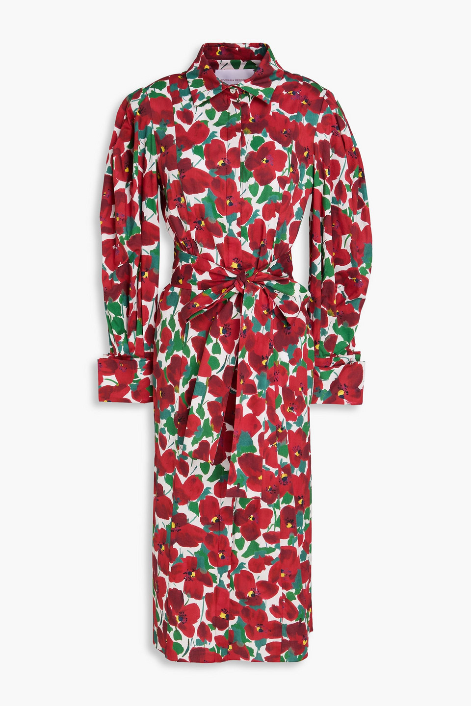 carolina herrera - belted floral-print cotton-blend poplin midi shirt dress - red - us 2