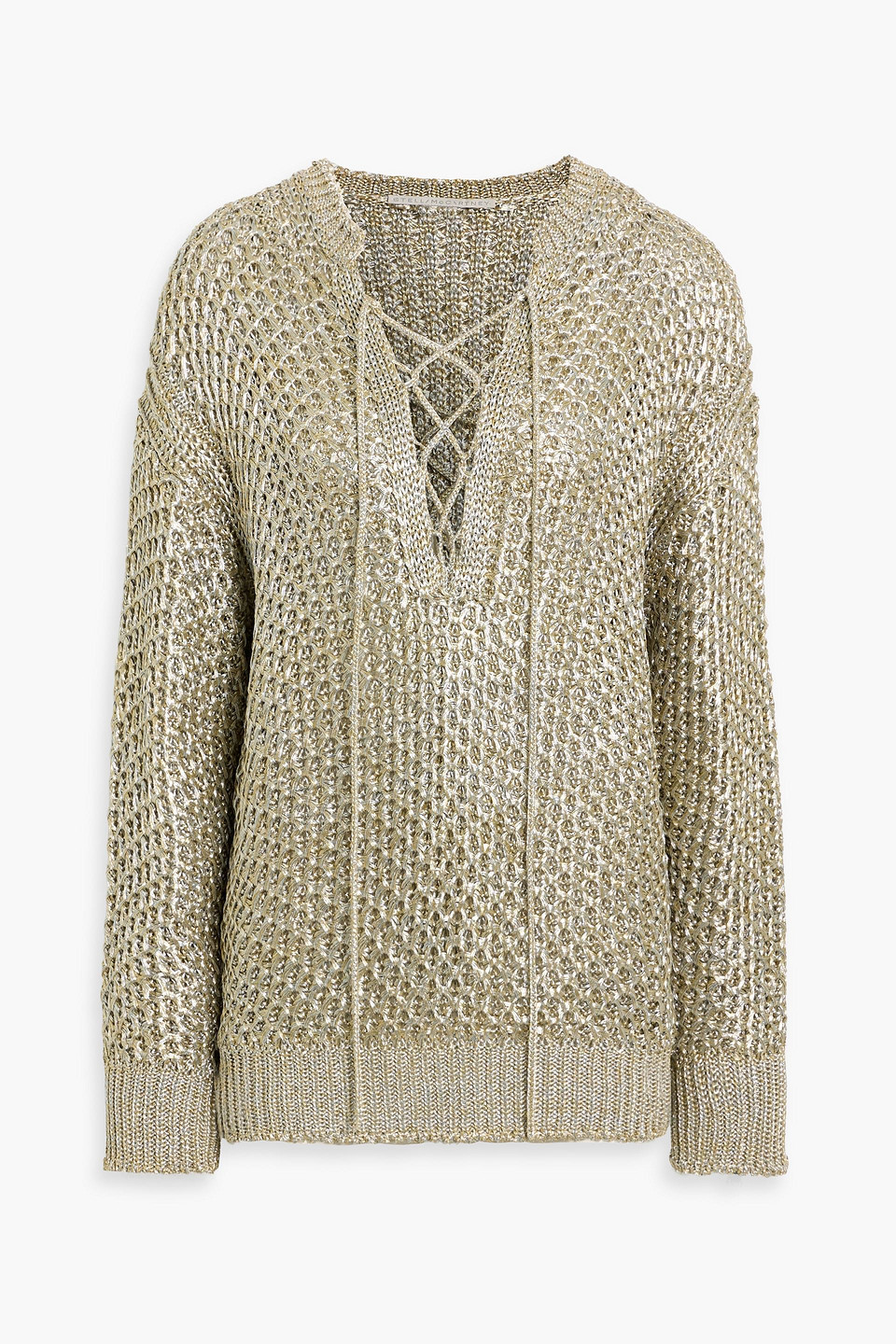 Stella Mccartney Lace-up Metallic Cotton-blend Sweater In Gray