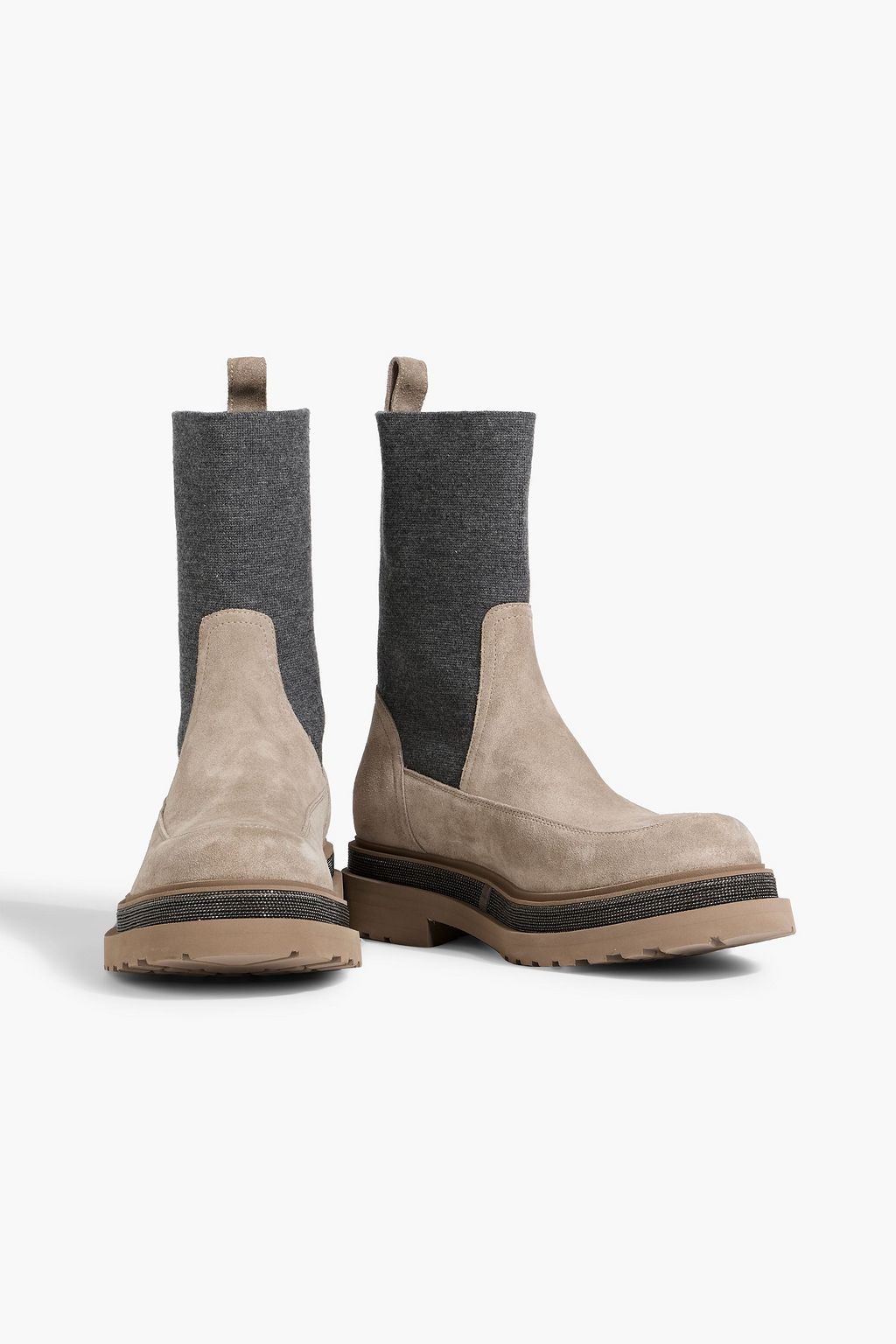BRUNELLO CUCINELLI Bead-embellished suede and stretch-knit Chelsea boots