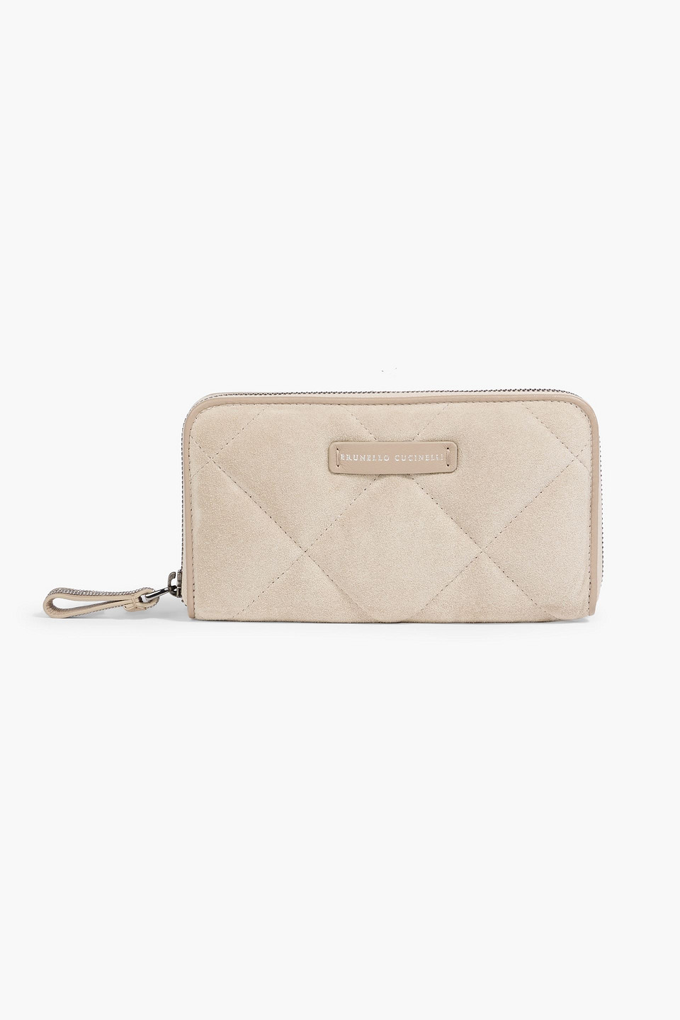 Brunello Cucinelli Bead-embellished Quilted Suede Wallet In Sand
