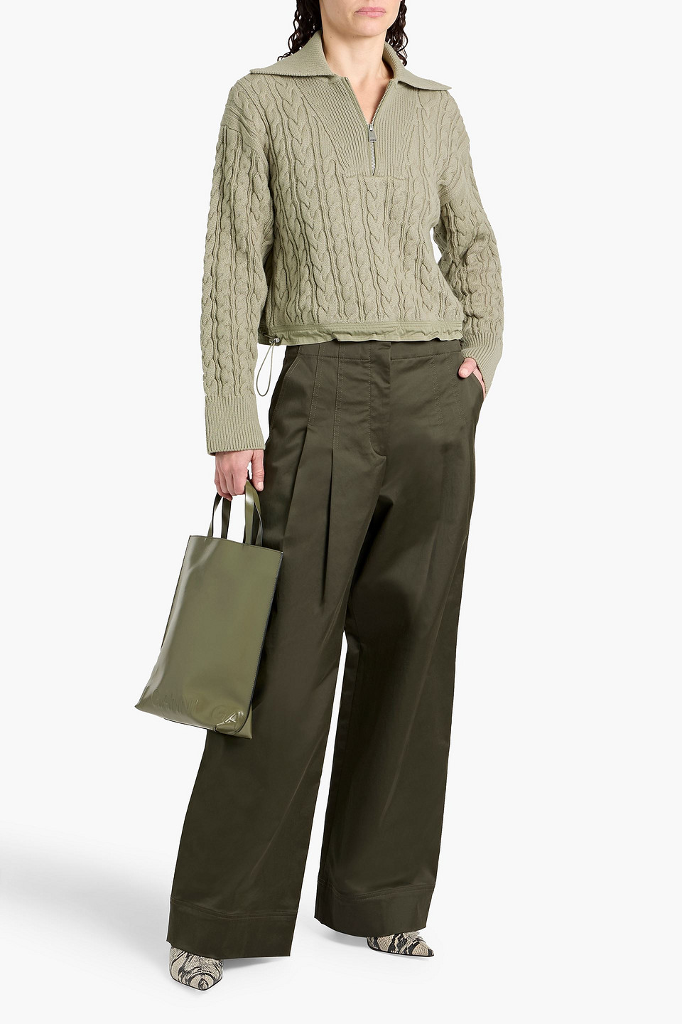 Simkhai Lourdes Cropped Cable-knit Cotton And Wool Half-zip Sweater In Green