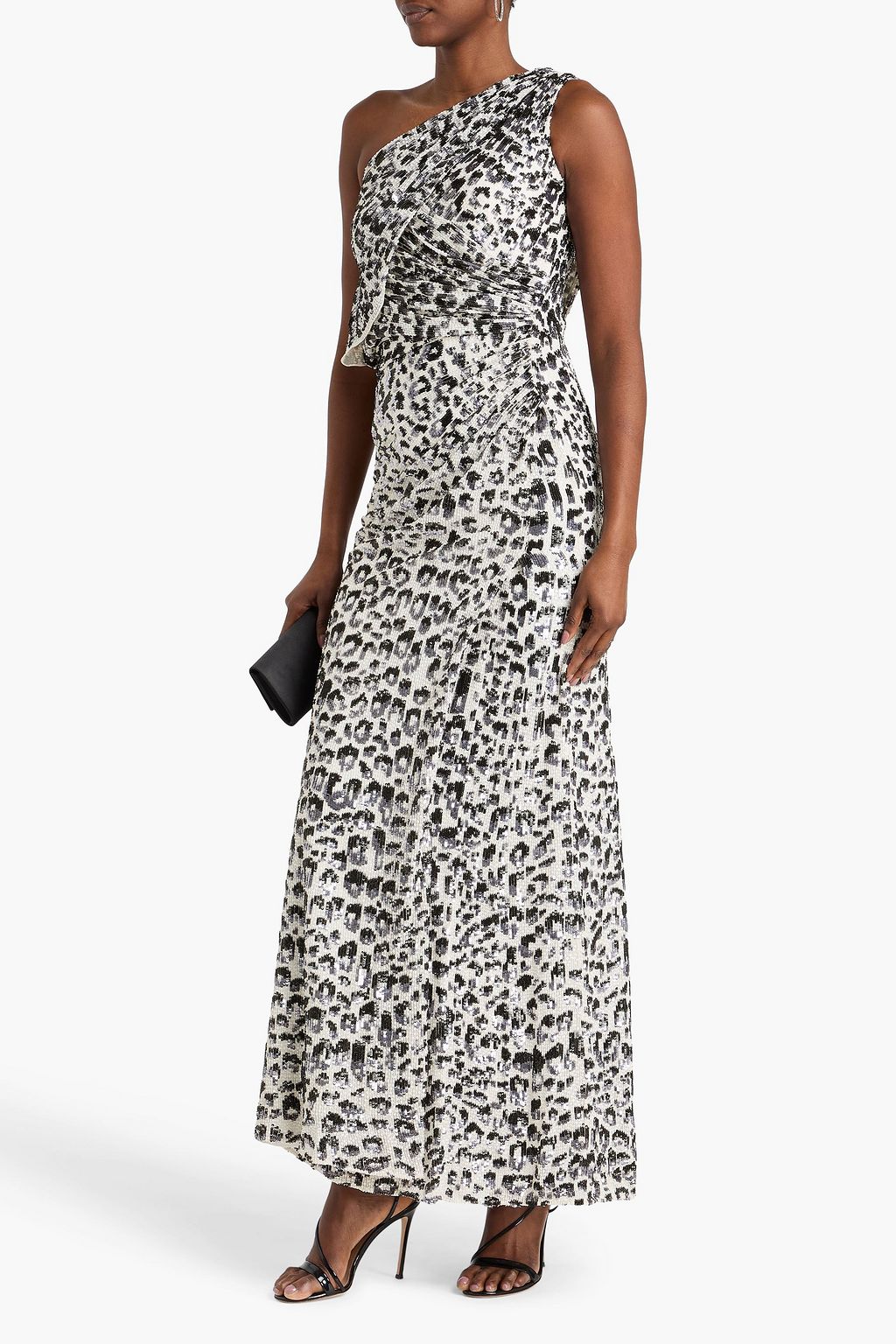 JENNY PACKHAM فستان سهرة "مارا" من قماش جورجيت الحريري بطبعة جلد الفهد مزين بأقراص برّاقة بكتف واحد