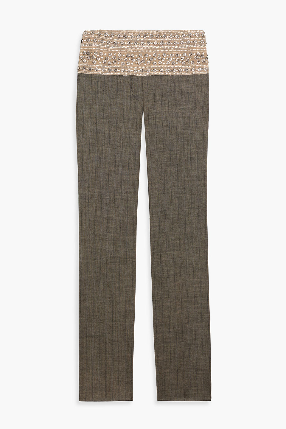Stella Mccartney Embellished Tulle And Pinstriped Wool-blend Slim-leg Pants In Gray