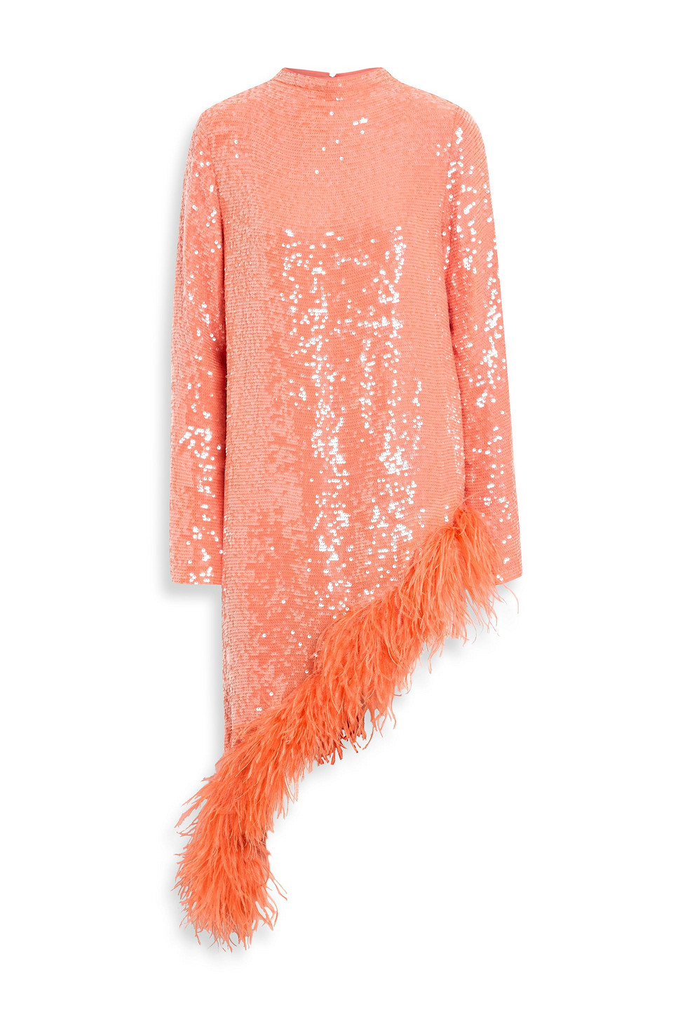 Lapointe Asymmetric Feather-trimmed Sequined Chiffon Top In Orange