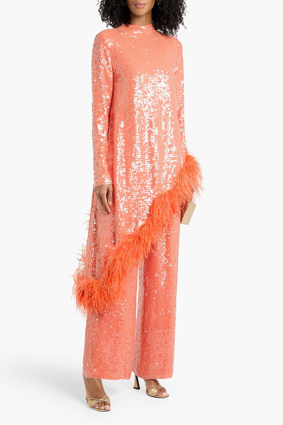 Lapointe Asymmetric Feather-trimmed Sequined Chiffon Top In Orange