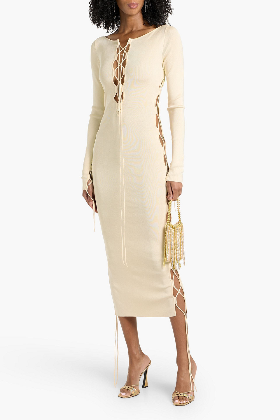 Lapointe Lace-up Ribbed-knit Midi Dress In White