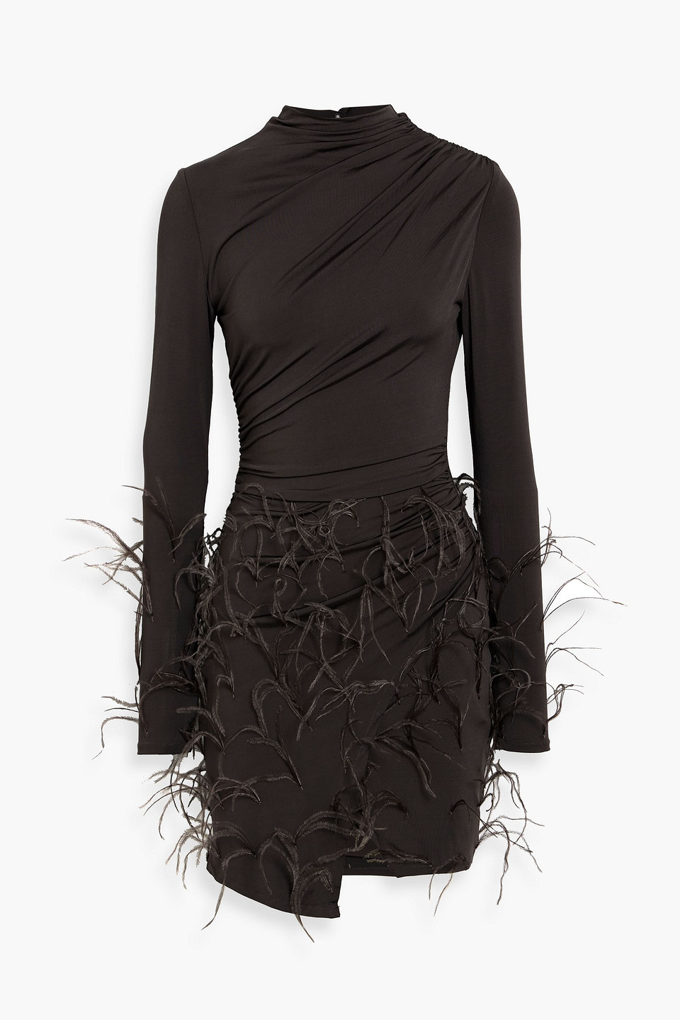 Lapointe Feather-trimmed Ruched Stretch-jersey Mini Dress In Brown