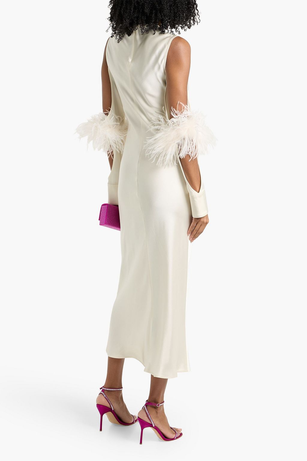 LAPOINTE Cold-shoulder feather-trimmed satin-crepe midi dress