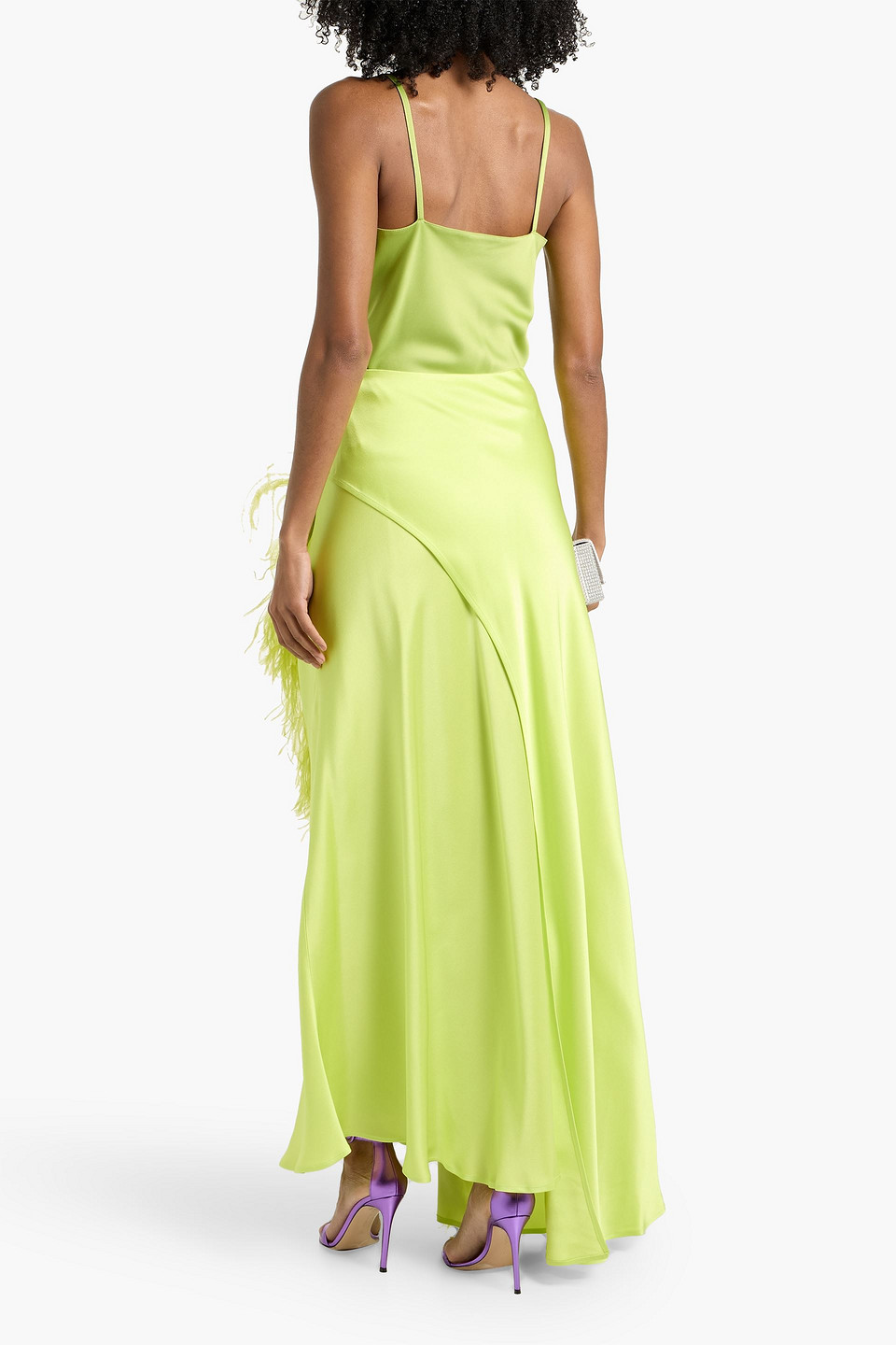 Lapointe Wrap-effect Feather-trimmed Satin-crepe Maxi Skirt In Green